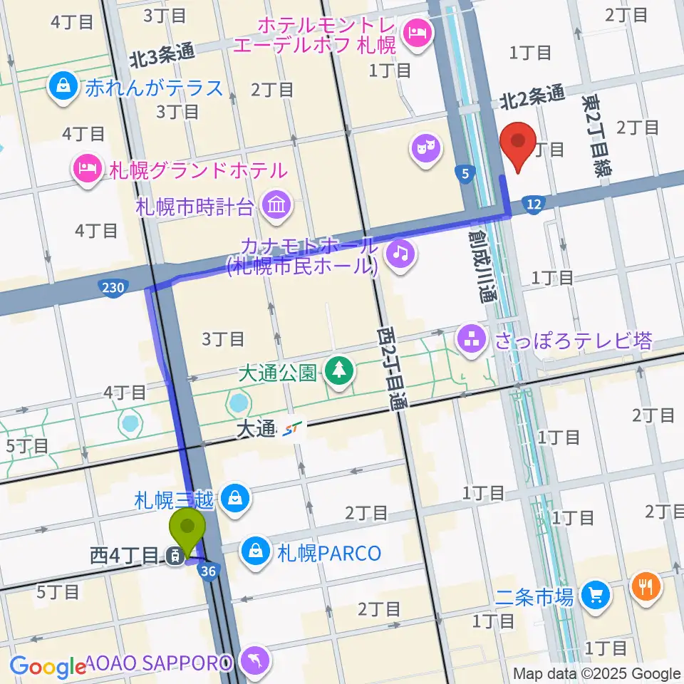西４丁目駅からコープさっぽろ文化教室 中央文化教室へのルートマップ地図