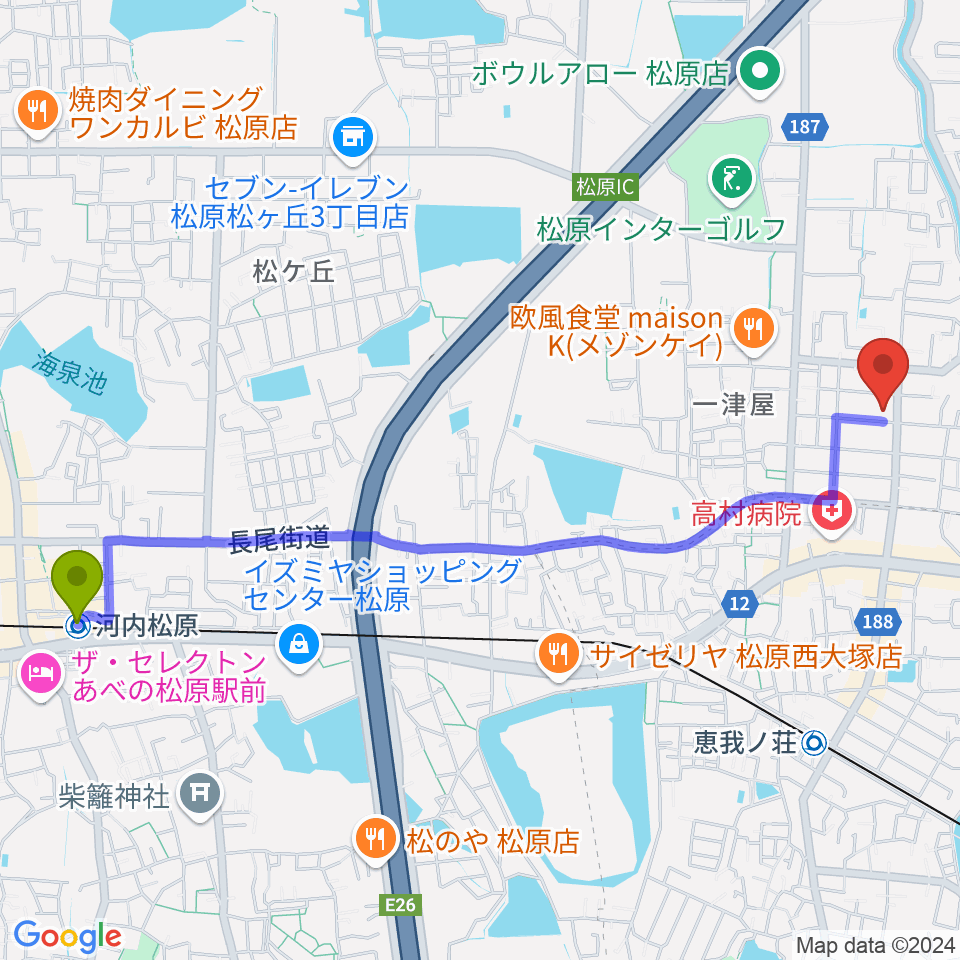 河内松原駅から鳴川音楽教室へのルートマップ地図