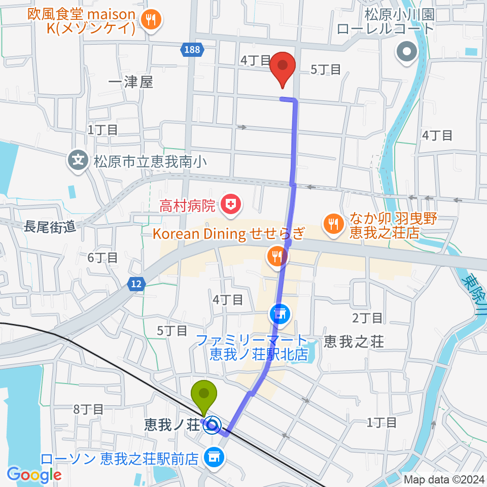 鳴川音楽教室の最寄駅恵我ノ荘駅からの徒歩ルート（約11分）地図