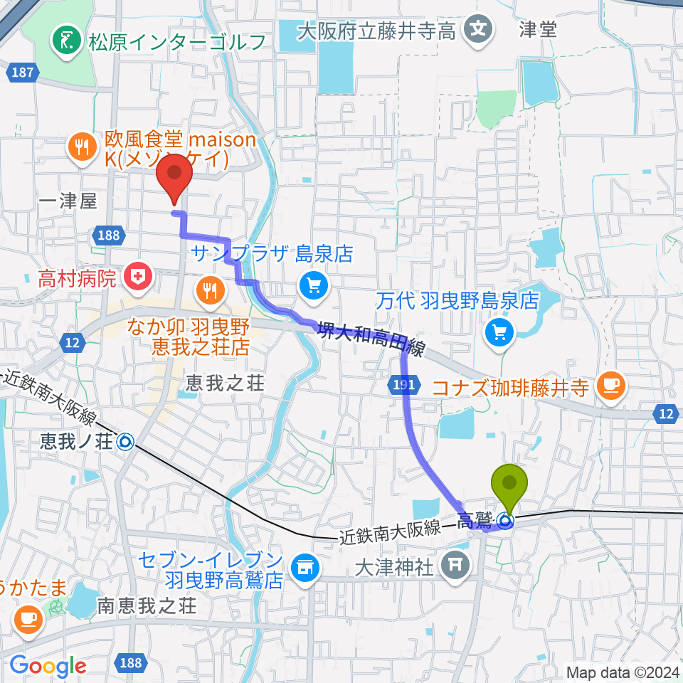 高鷲駅から鳴川音楽教室へのルートマップ地図