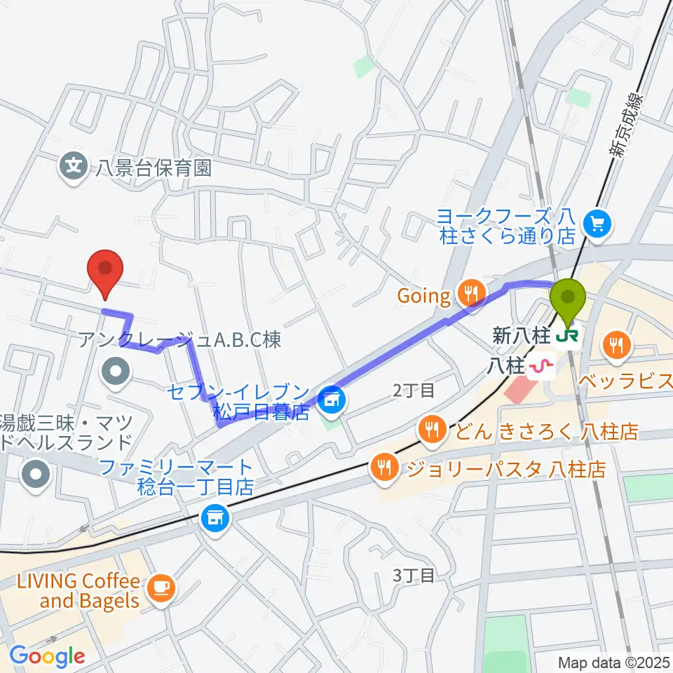 新八柱駅から神田みおピアノ教室へのルートマップ地図