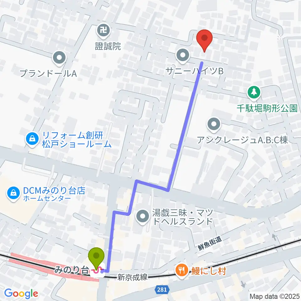 神田みおピアノ教室の最寄駅みのり台駅からの徒歩ルート（約6分）地図