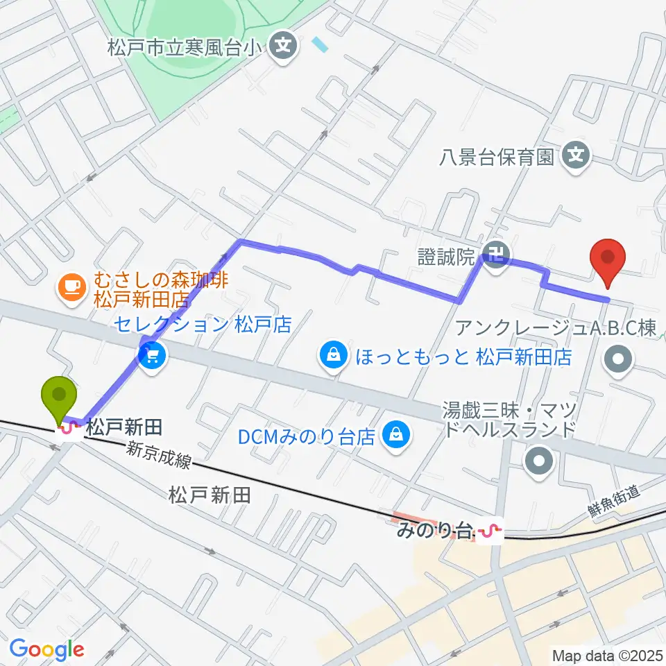 松戸新田駅から神田みおピアノ教室へのルートマップ地図