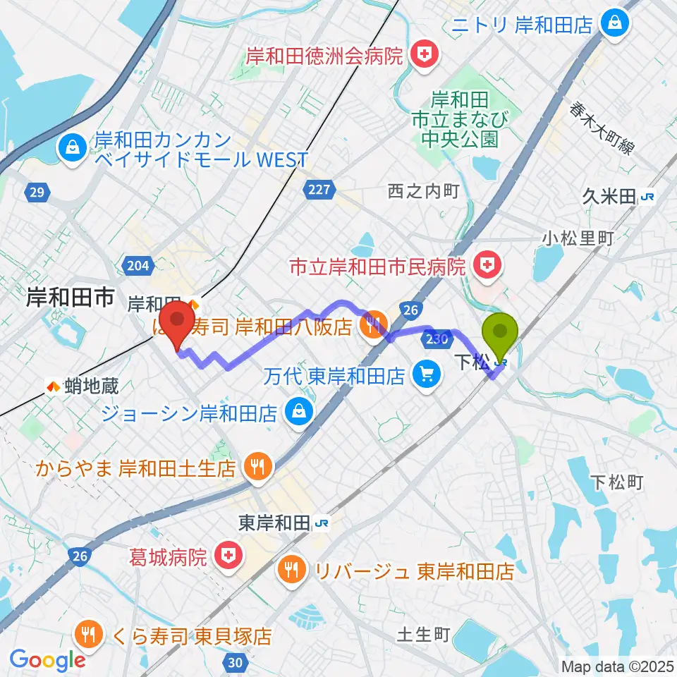 下松駅からサヴァサヴァへのルートマップ地図