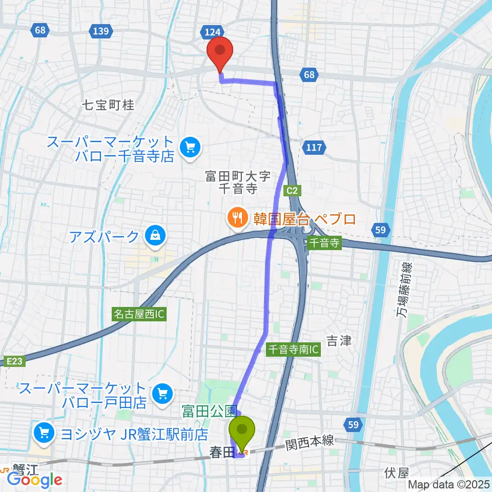ブリルベイトの最寄駅春田駅からの徒歩ルート（約48分）地図