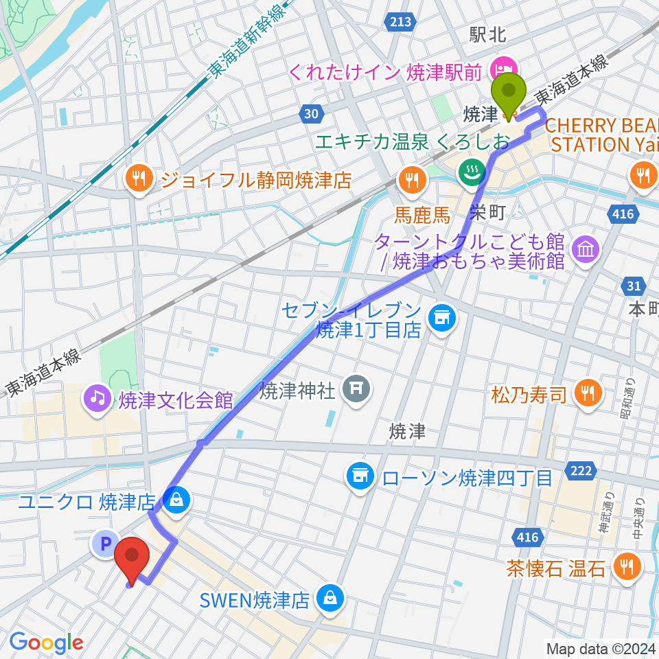 えみ音楽教室の最寄駅焼津駅からの徒歩ルート（約28分）地図