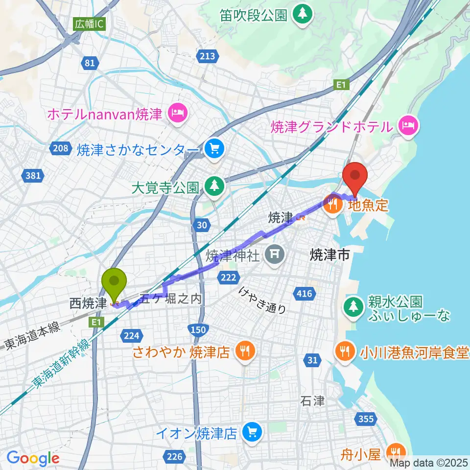 西焼津駅からめぐみ音楽教室へのルートマップ地図