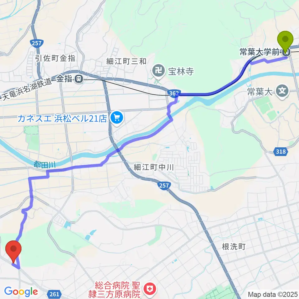 常葉大学前駅からさち音楽教室へのルートマップ地図