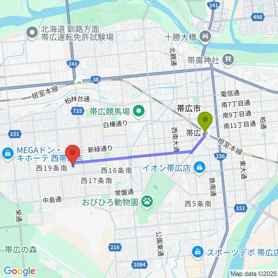 帯広駅から小林音楽教室へのルートマップ地図