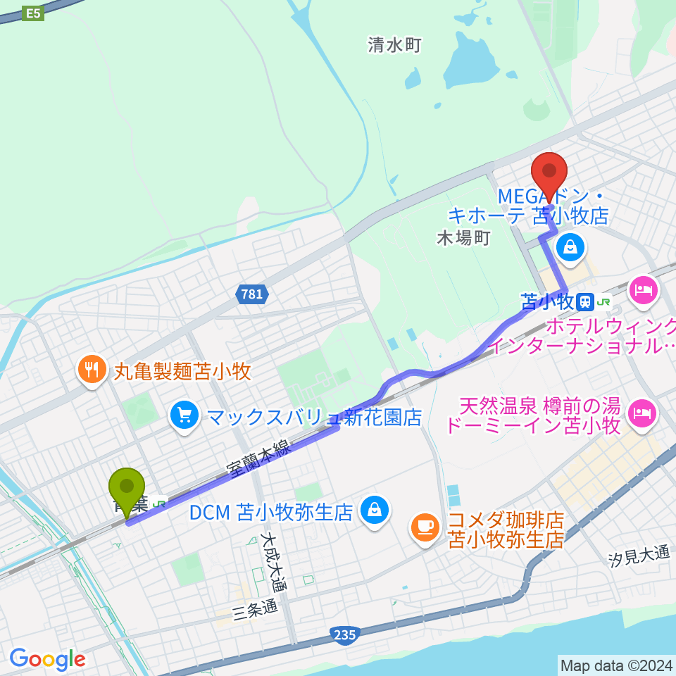 青葉駅から宮崎ヴァイオリン教室へのルートマップ地図