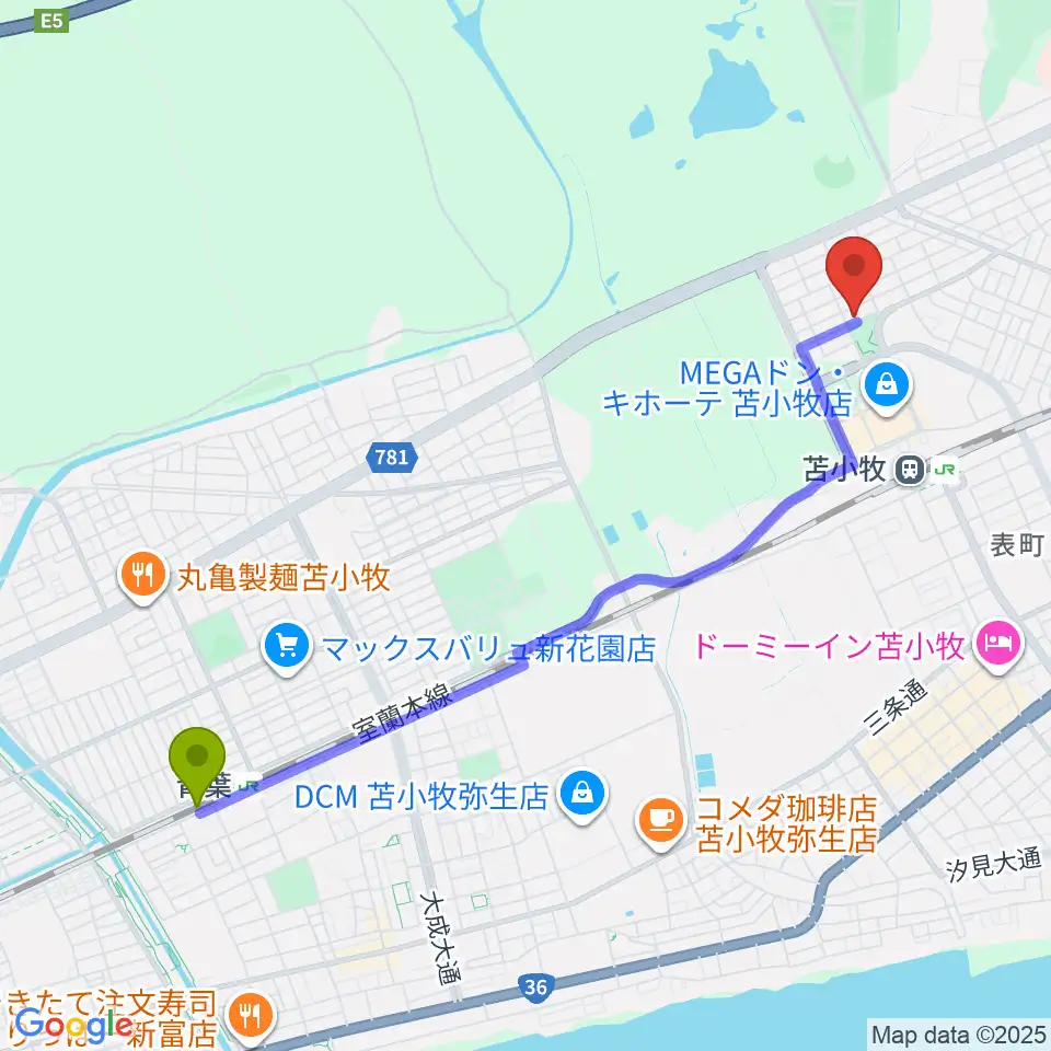 青葉駅から宮崎ヴァイオリン教室へのルートマップ地図