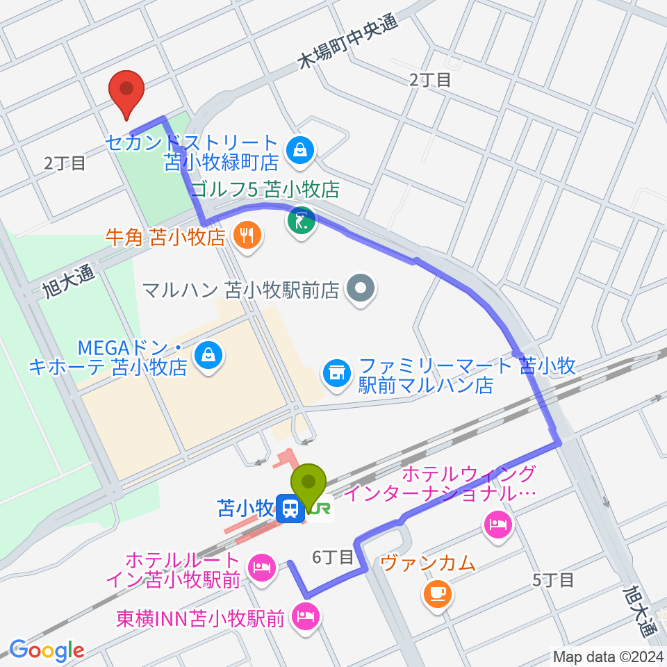 宮崎ヴァイオリン教室の最寄駅苫小牧駅からの徒歩ルート（約9分）地図