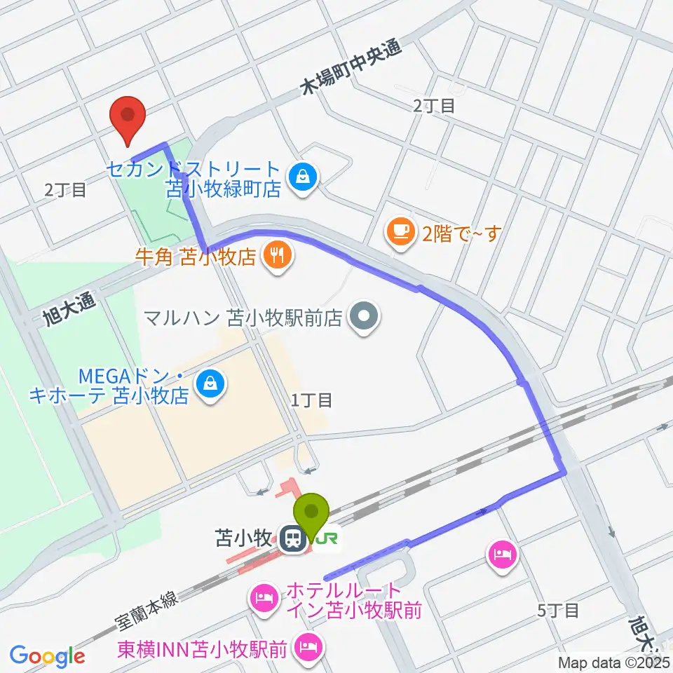 宮崎ヴァイオリン教室の最寄駅苫小牧駅からの徒歩ルート（約9分）地図