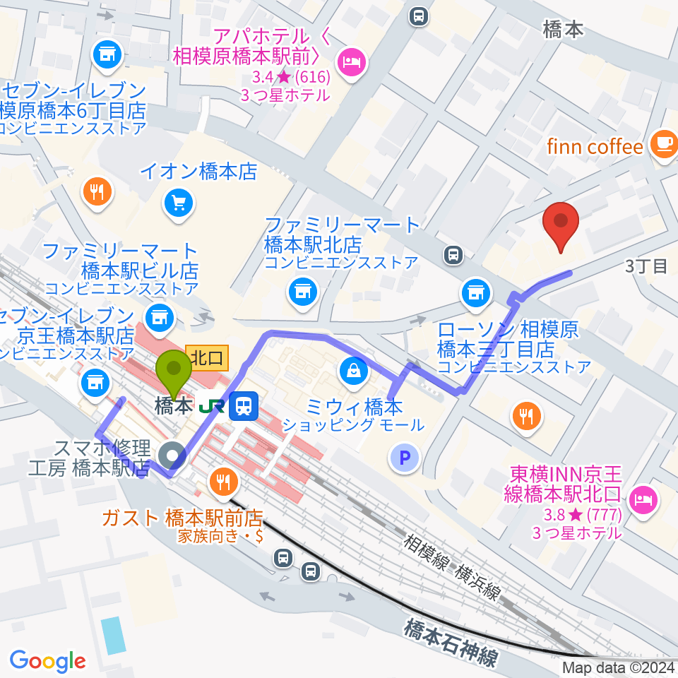 アフタービートの最寄駅橋本駅からの徒歩ルート（約5分）地図