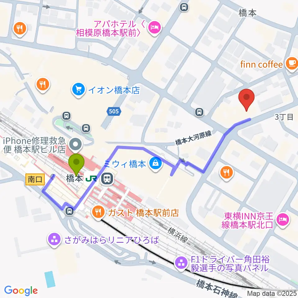 アフタービートの最寄駅橋本駅からの徒歩ルート（約5分）地図