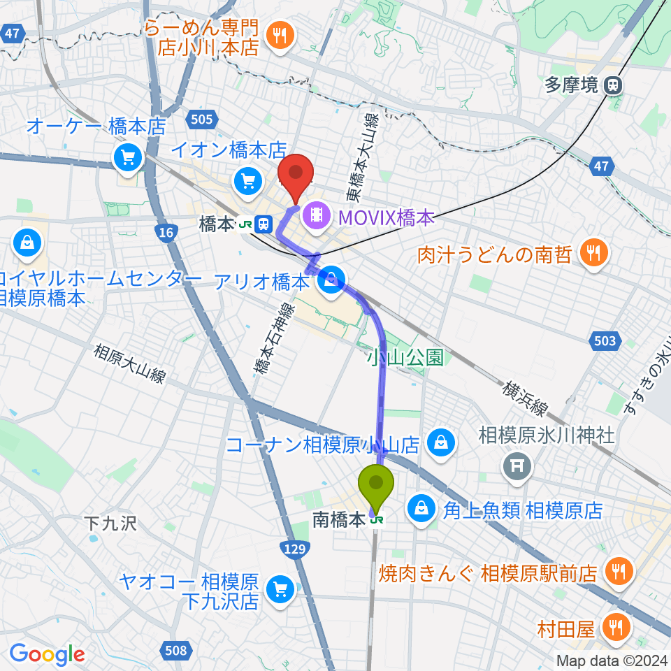 南橋本駅からアフタービートへのルートマップ地図