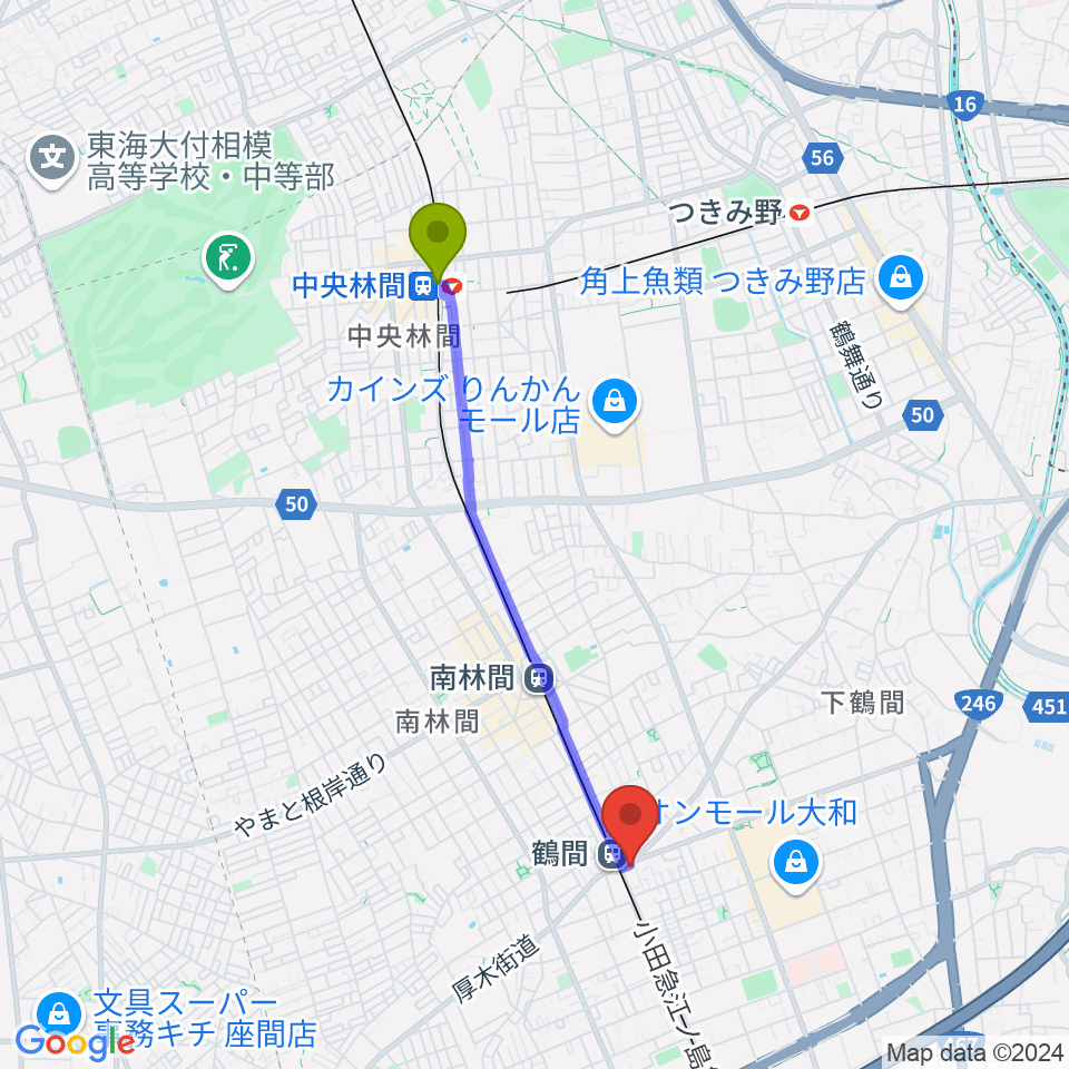 中央林間駅からイチキバレエスタジオ＆ピアノ教室へのルートマップ地図