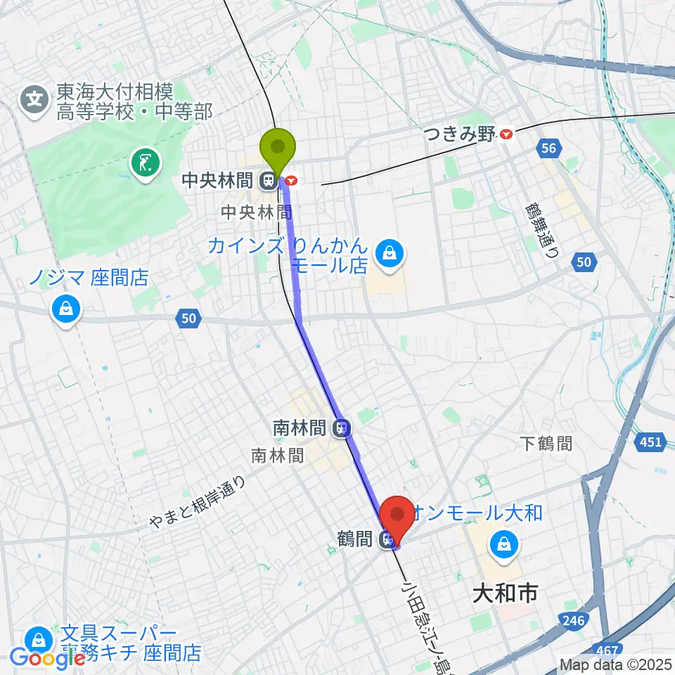 中央林間駅からイチキバレエスタジオ＆ピアノ教室へのルートマップ地図