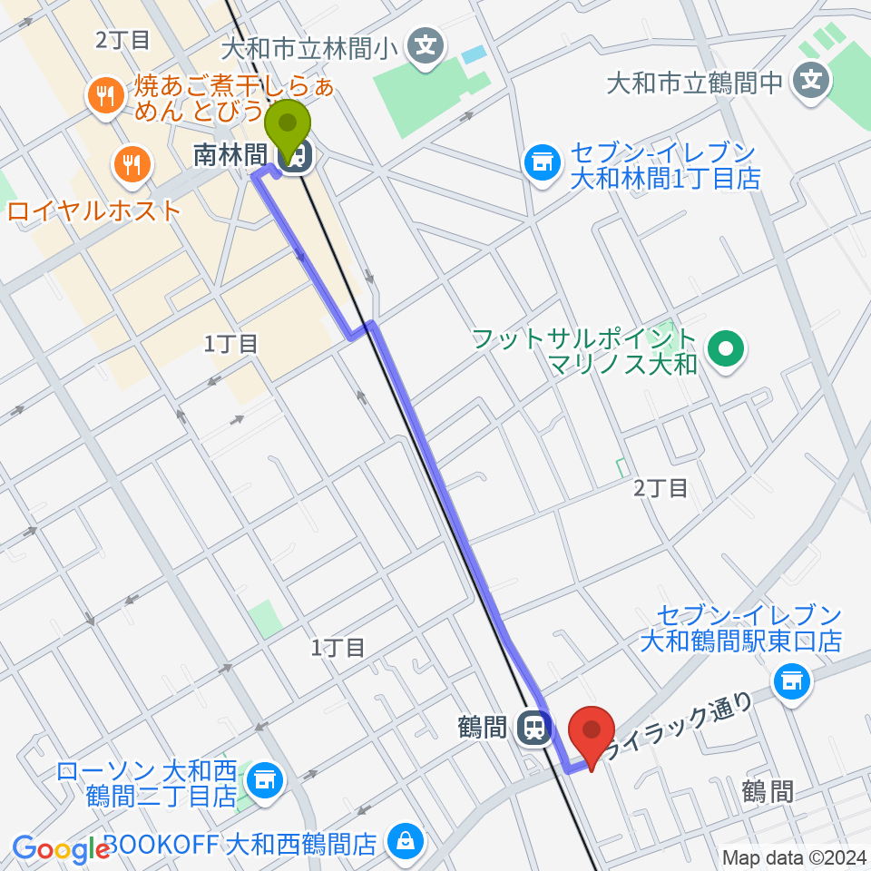 南林間駅からイチキバレエスタジオ＆ピアノ教室へのルートマップ地図