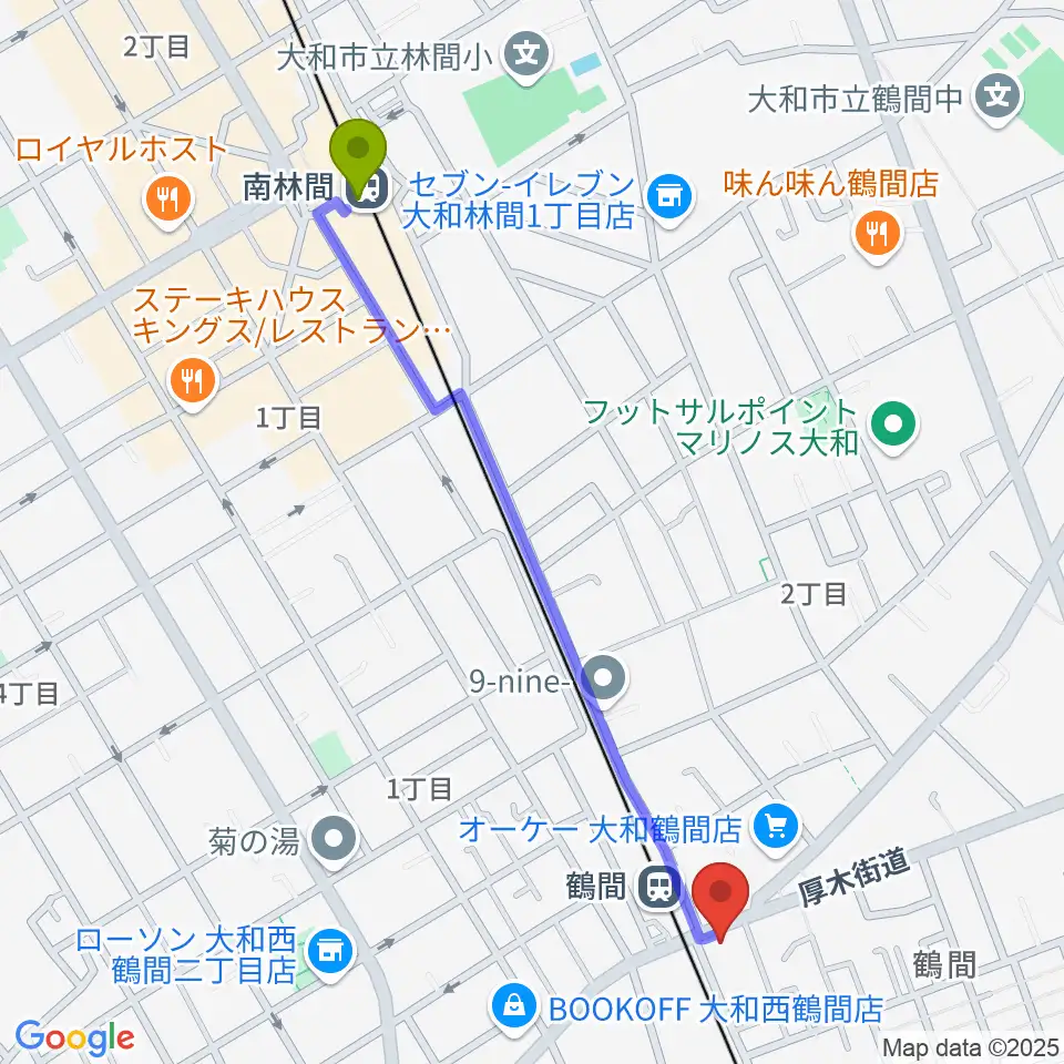 南林間駅からイチキバレエスタジオ＆ピアノ教室へのルートマップ地図
