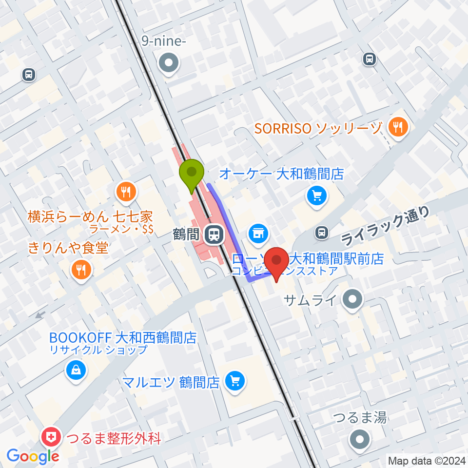 イチキバレエスタジオ＆ピアノ教室の最寄駅鶴間駅からの徒歩ルート（約2分）地図