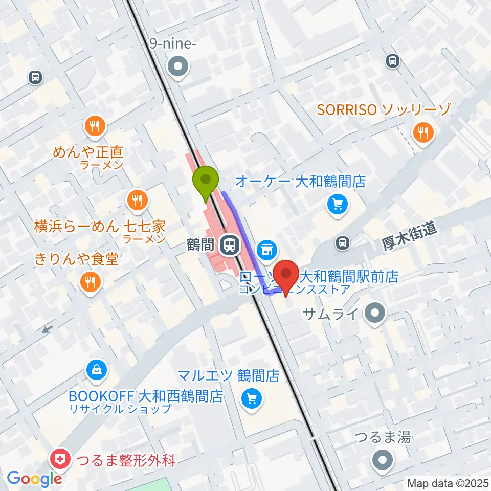 イチキバレエスタジオ＆ピアノ教室の最寄駅鶴間駅からの徒歩ルート（約2分）地図