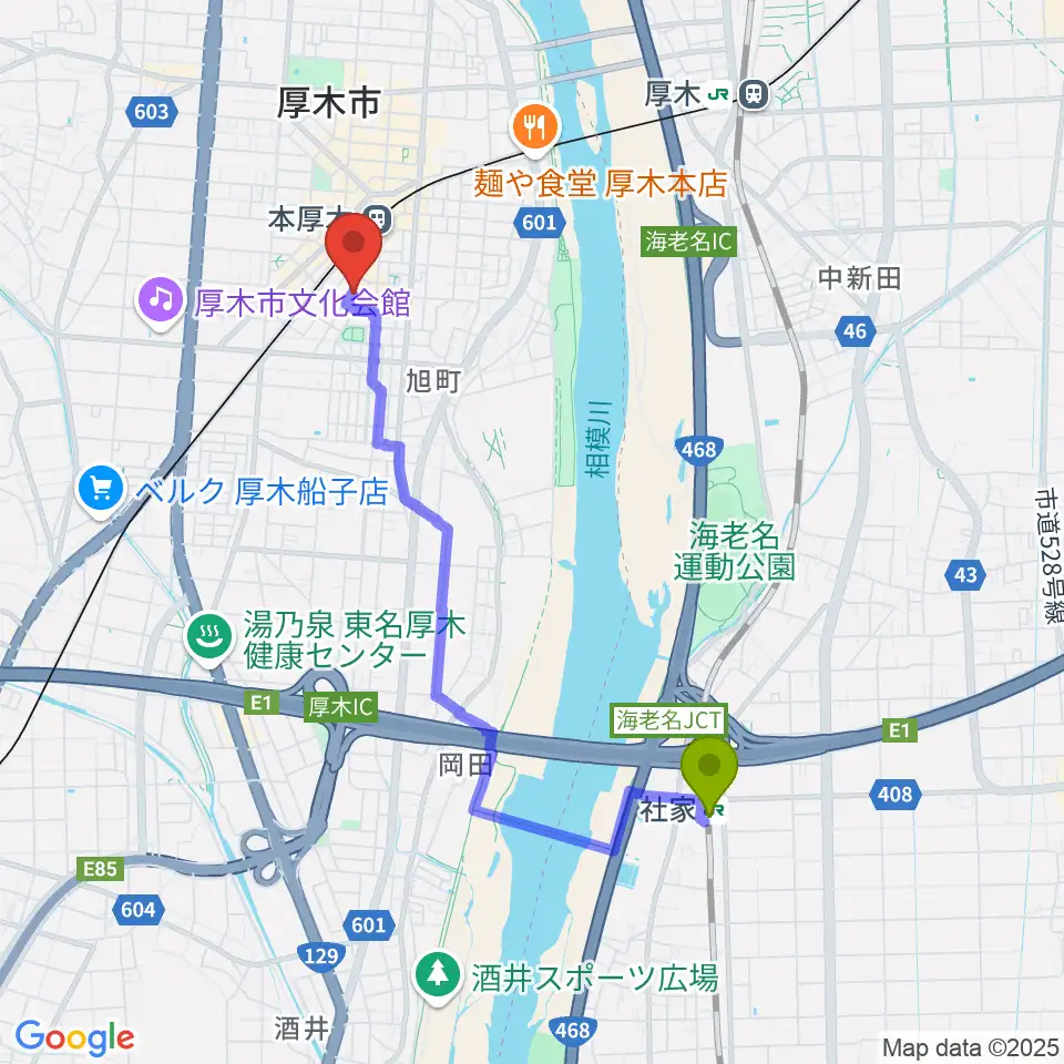 社家駅からタイサクミュージシャンズスクールへのルートマップ地図