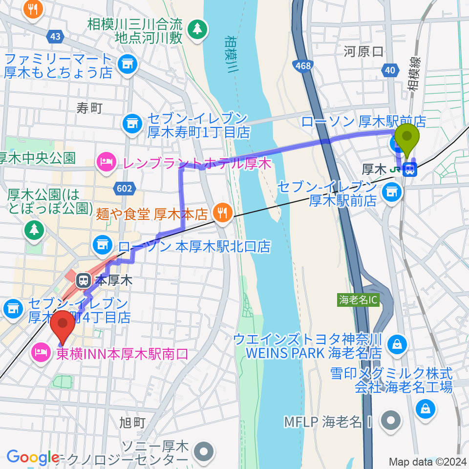 厚木駅からタイサクミュージシャンズスクールへのルートマップ地図