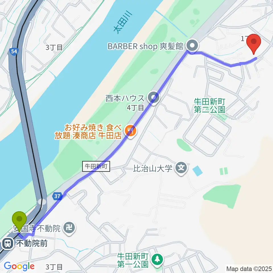 不動院前駅からaiこどもみらい音楽教室へのルートマップ地図