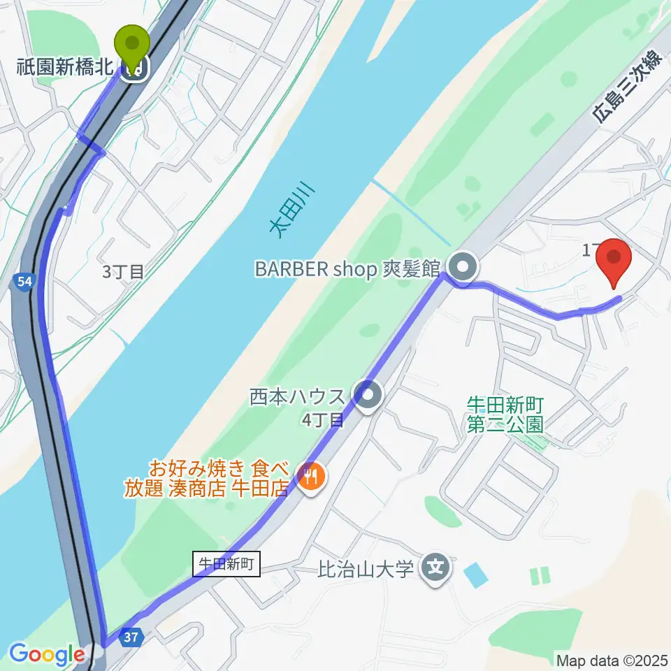 aiこどもみらい音楽教室の最寄駅祇園新橋北駅からの徒歩ルート（約12分）地図