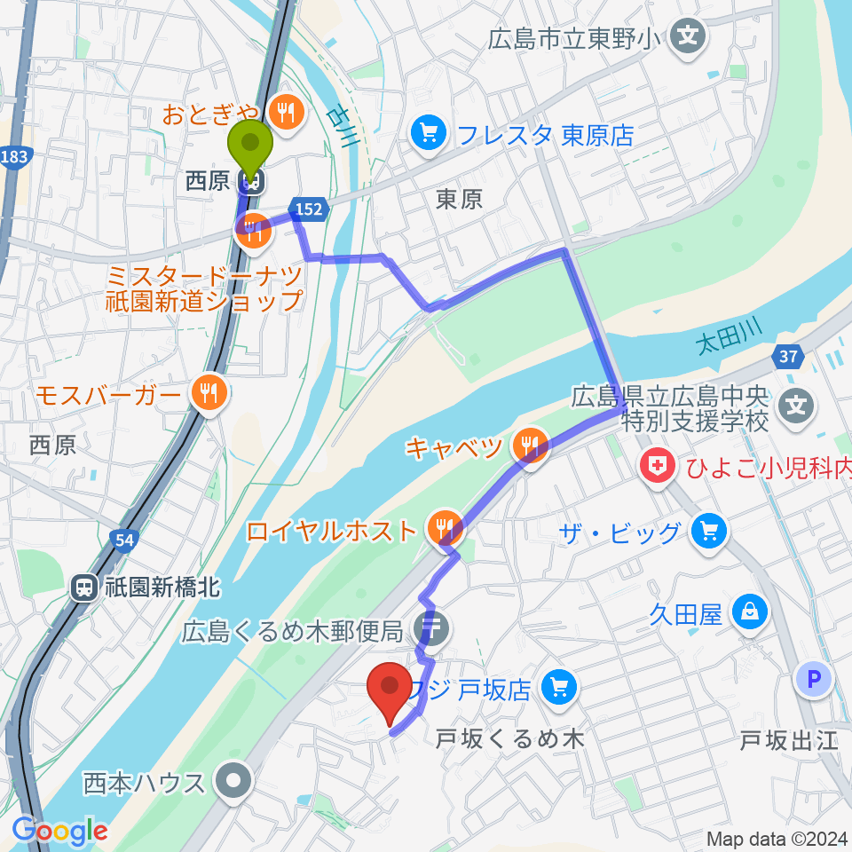 西原駅からaiこどもみらい音楽教室へのルートマップ地図