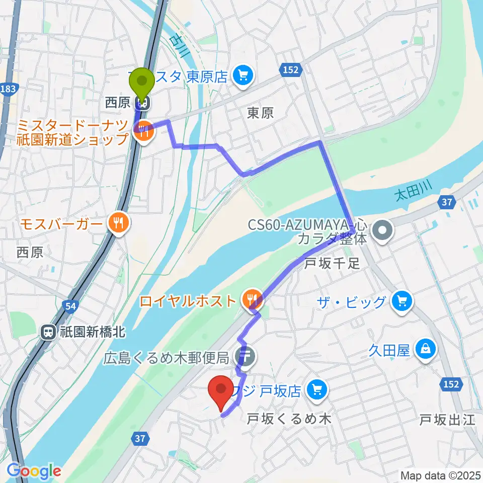 西原駅からaiこどもみらい音楽教室へのルートマップ地図