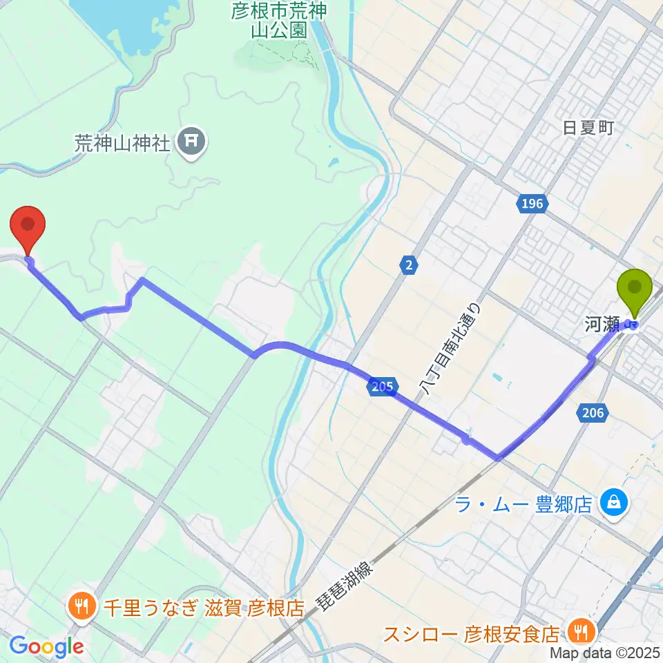 河瀬駅から栗田楽器へのルートマップ地図