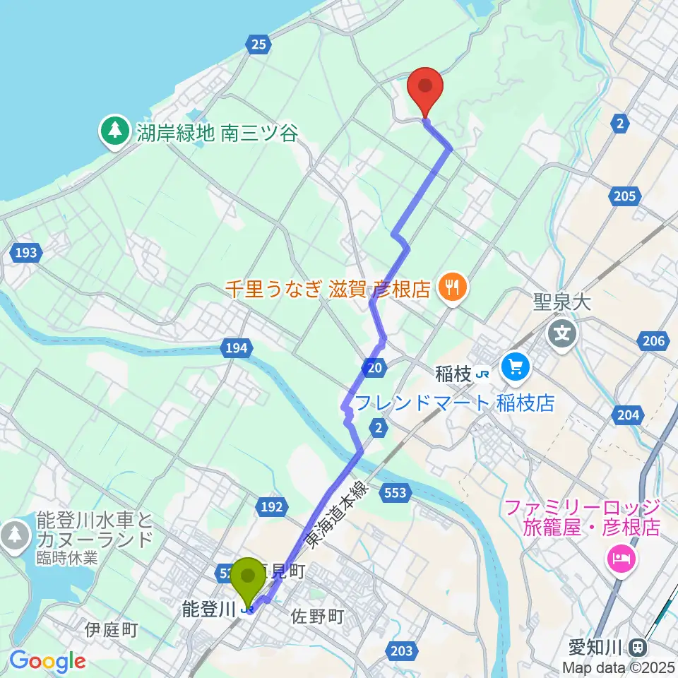 能登川駅から栗田楽器へのルートマップ地図