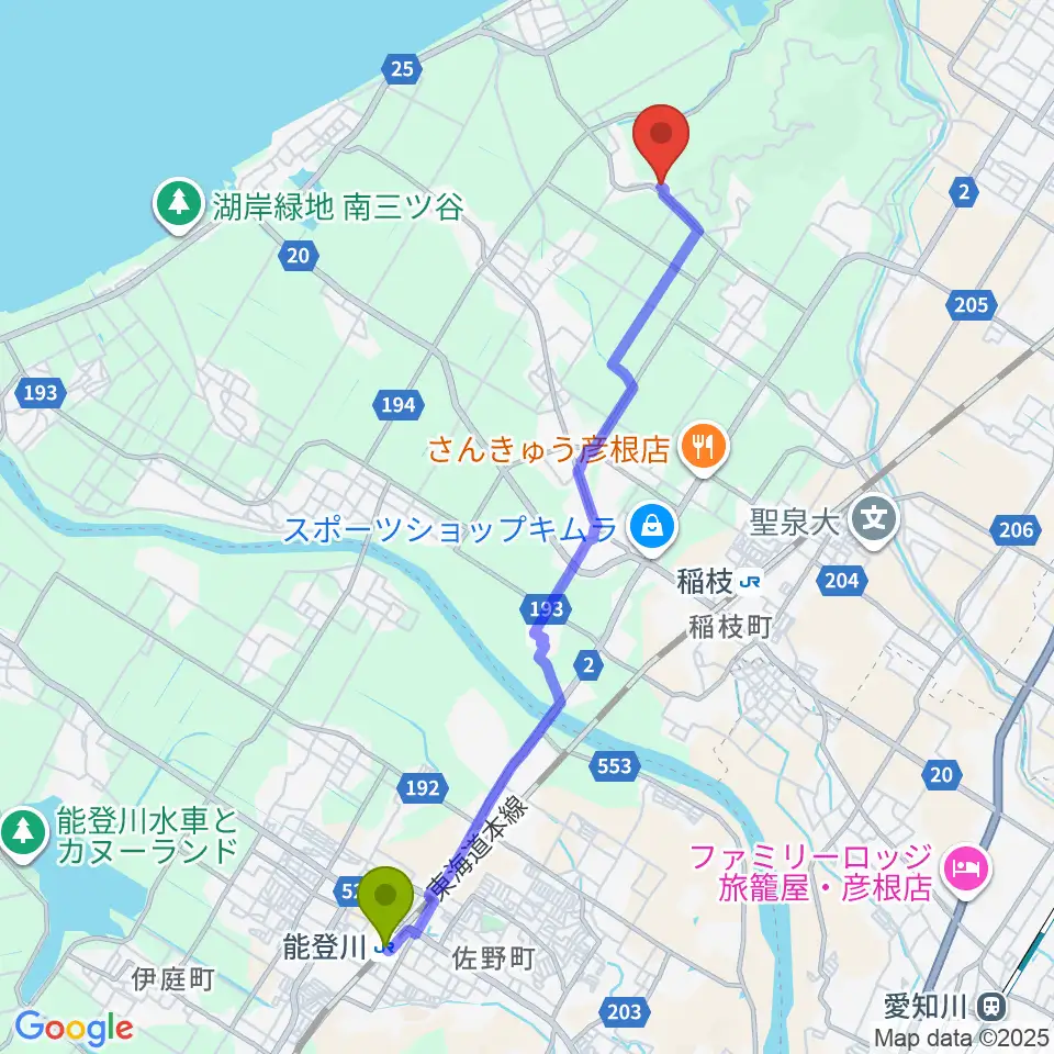 能登川駅から栗田楽器へのルートマップ地図