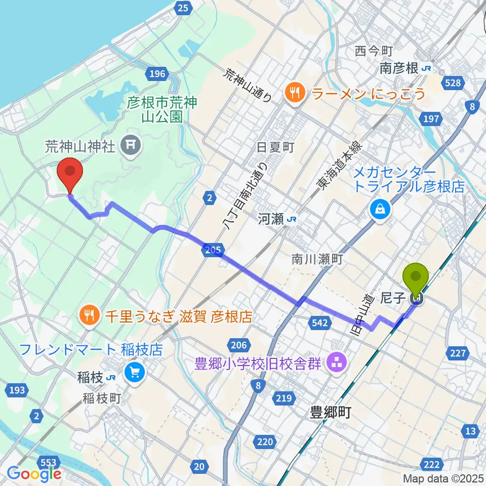 尼子駅から栗田楽器へのルートマップ地図