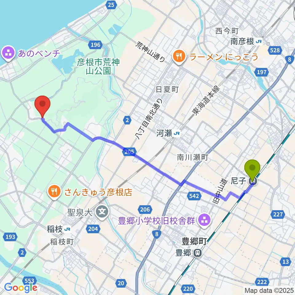 尼子駅から栗田楽器へのルートマップ地図