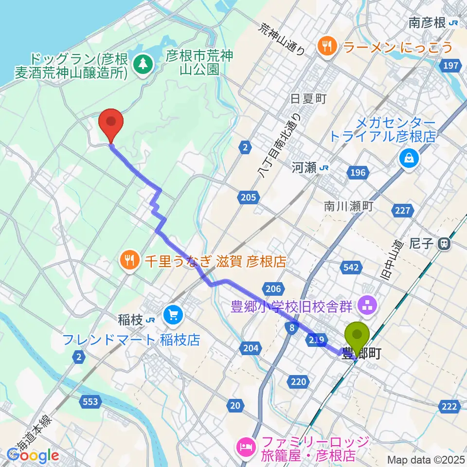 豊郷駅から栗田楽器へのルートマップ地図