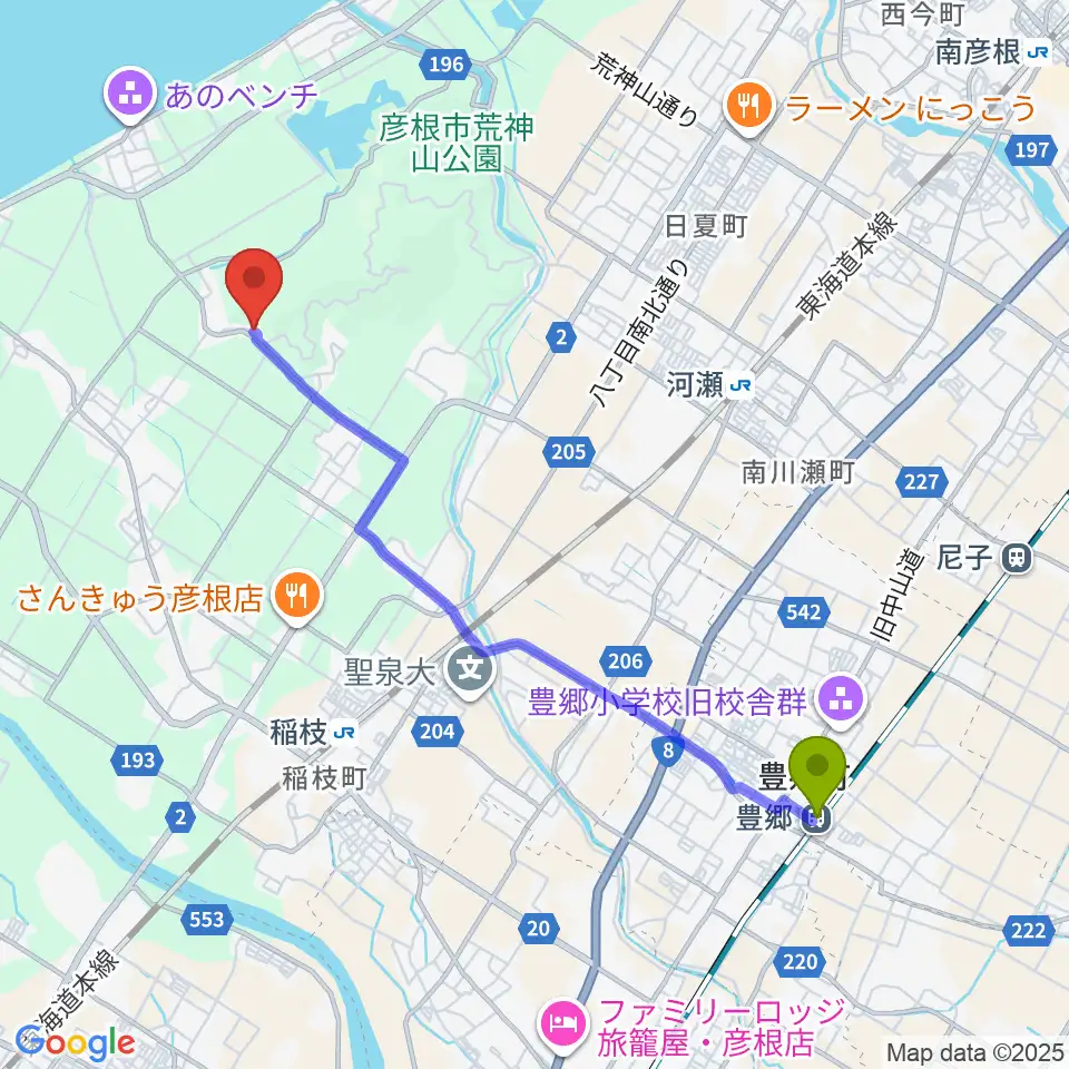 豊郷駅から栗田楽器へのルートマップ地図