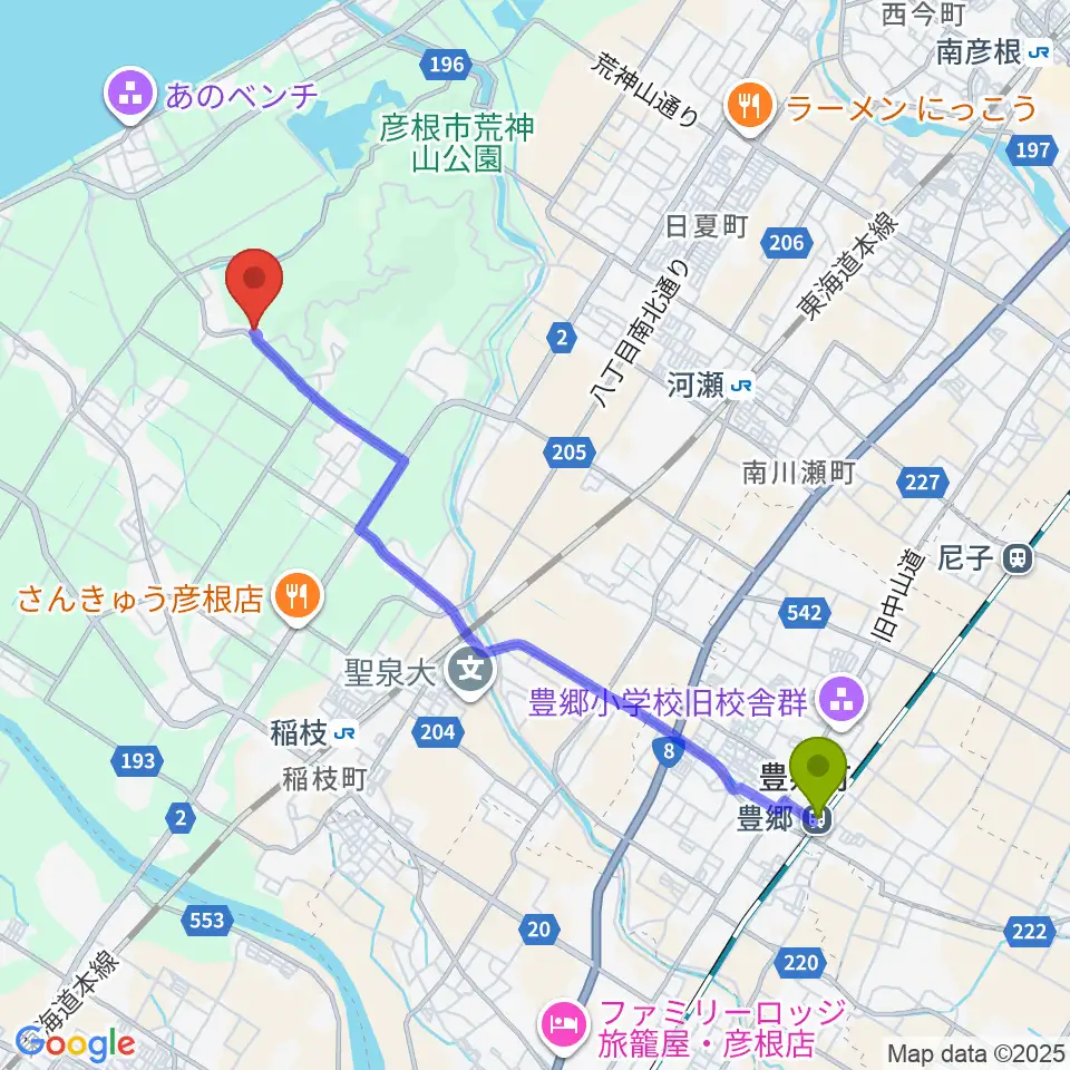 豊郷駅から栗田楽器へのルートマップ地図