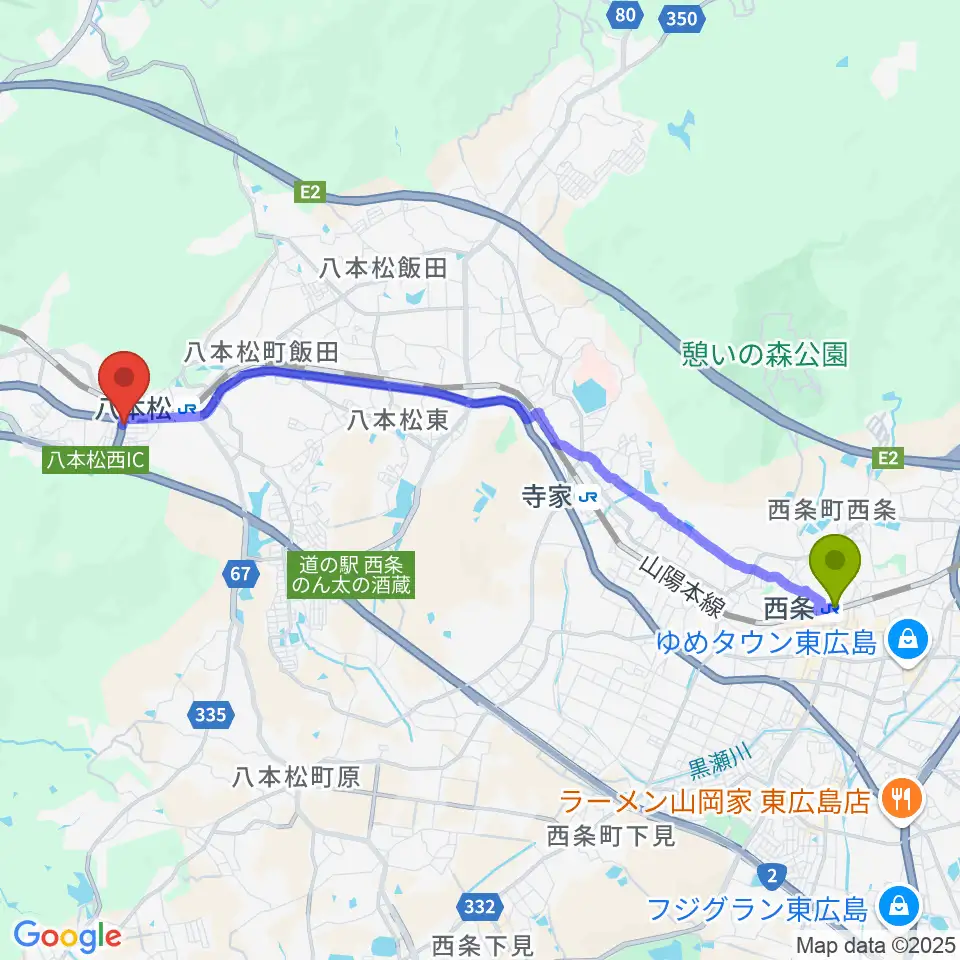 西条駅からオレンジスタジオへのルートマップ地図