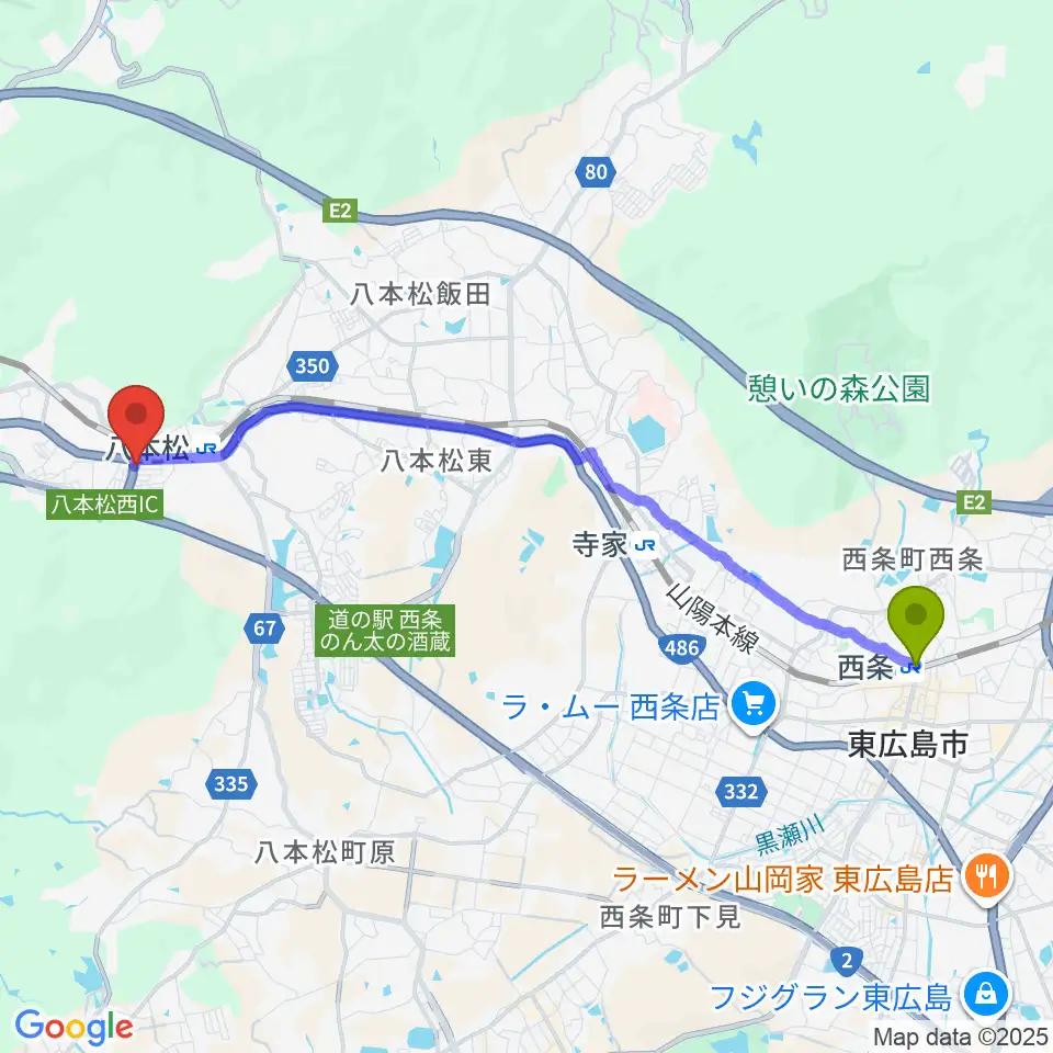 西条駅からオレンジスタジオへのルートマップ地図