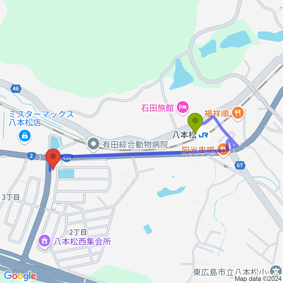 オレンジスタジオの最寄駅八本松駅からの徒歩ルート（約8分）地図