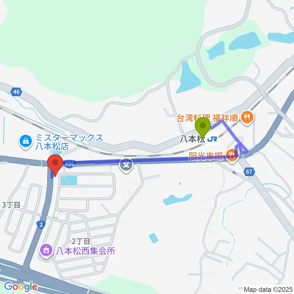 オレンジスタジオの最寄駅八本松駅からの徒歩ルート（約8分）地図