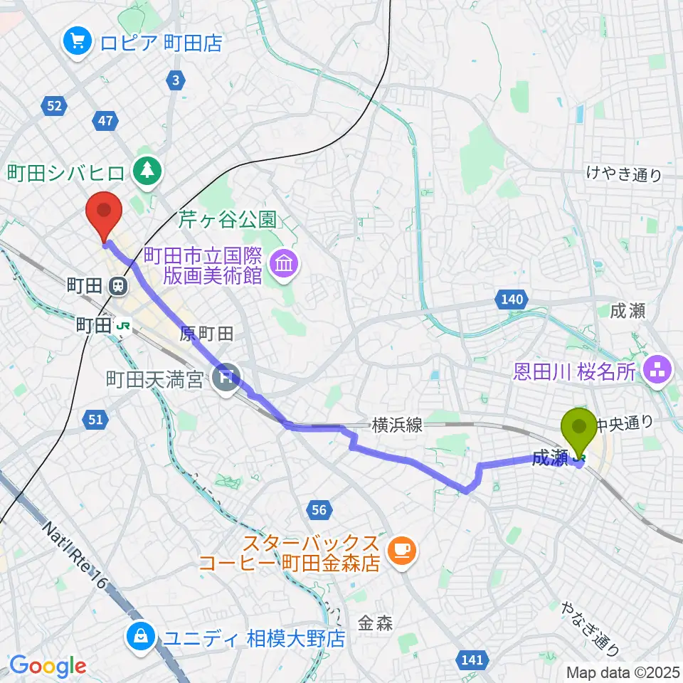 成瀬駅から万象房へのルートマップ地図
