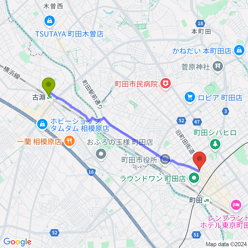 古淵駅から万象房へのルートマップ地図