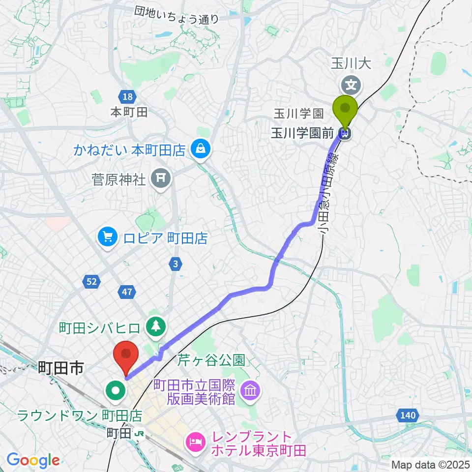 玉川学園前駅から万象房へのルートマップ地図