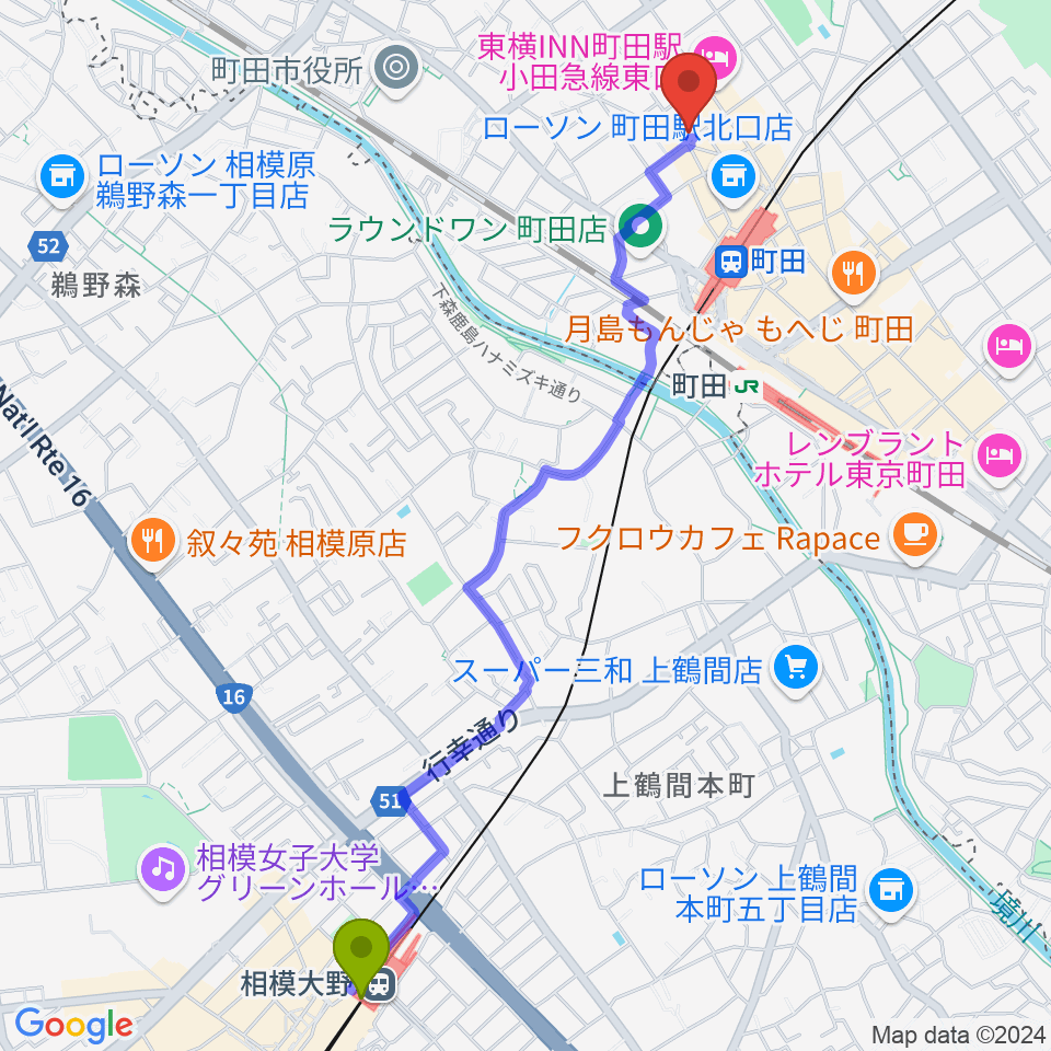 相模大野駅から万象房へのルートマップ地図