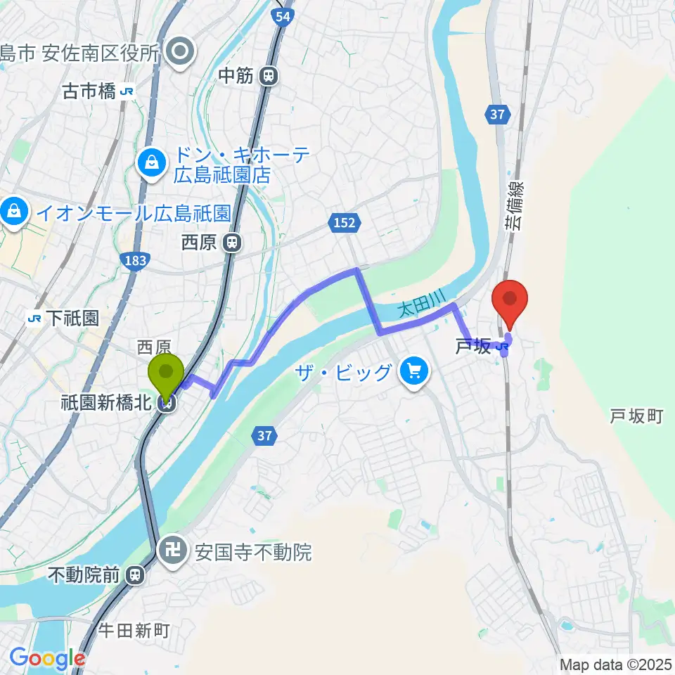 祇園新橋北駅からあおMUSICへのルートマップ地図