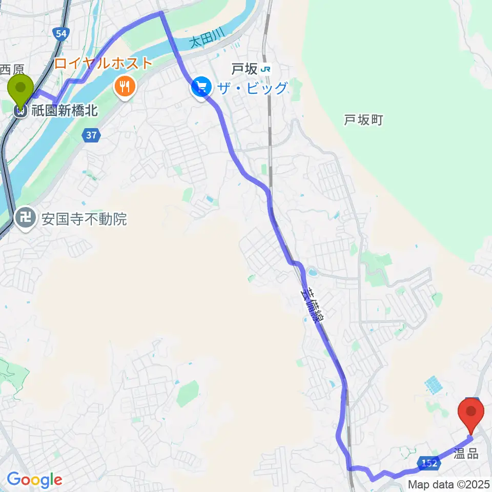 祇園新橋北駅からきたのぴあの學院へのルートマップ地図